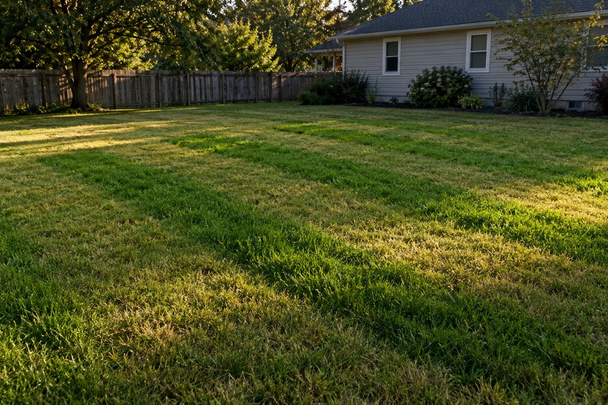 Backyard lawn with bright green strips running across it.