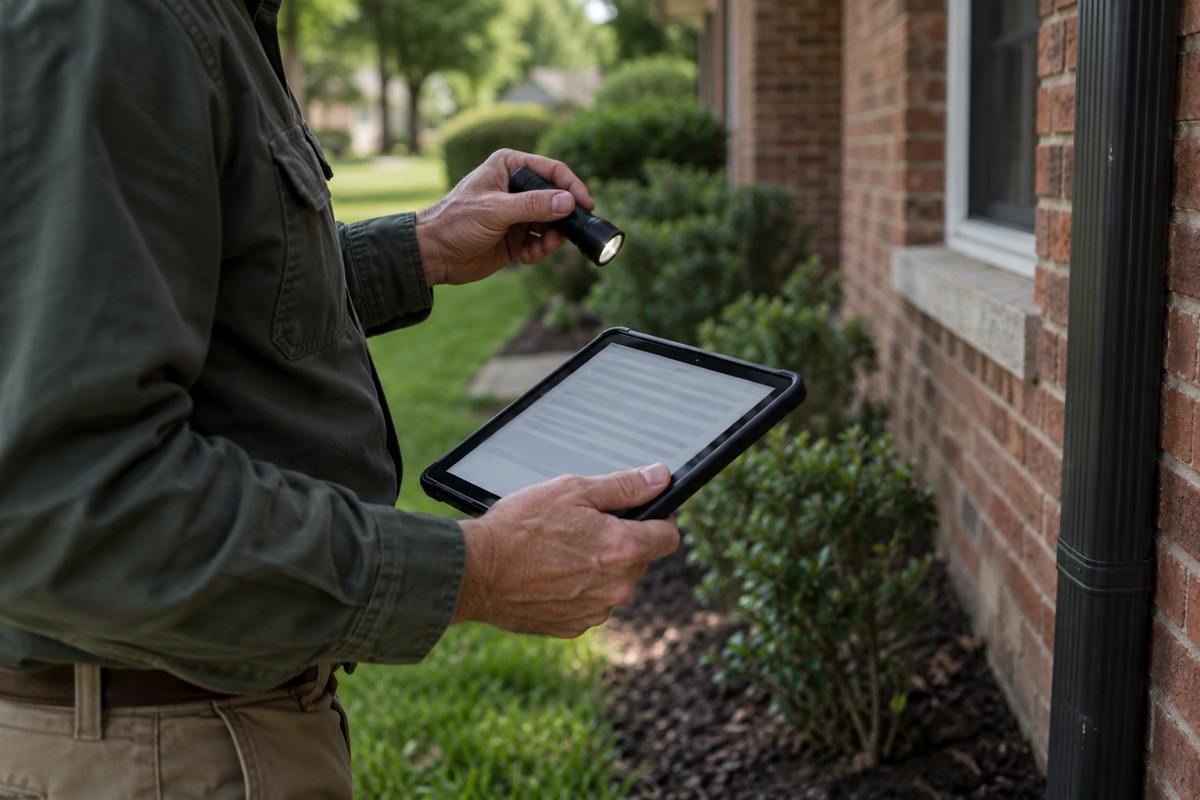 Inspector's hands holding a tablet and flashlight beside a brick house.