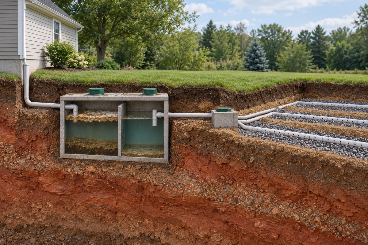 Illustrated cutaway of a yard showing the pipe from a house, a two-compartment tank, a distribution box and gravel drain field trenches.
