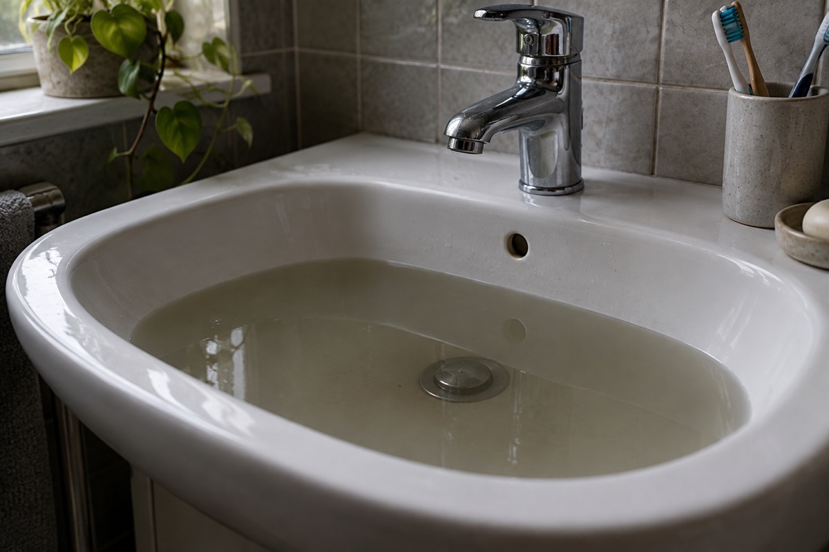 White bathroom sink holding standing water that is not draining.