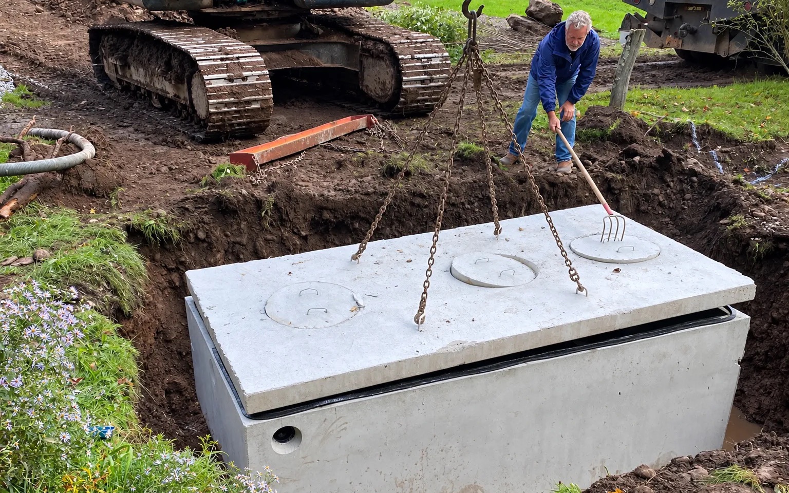 Concrete septic tank being lowered into an excavation by an excavator while a worker guides it